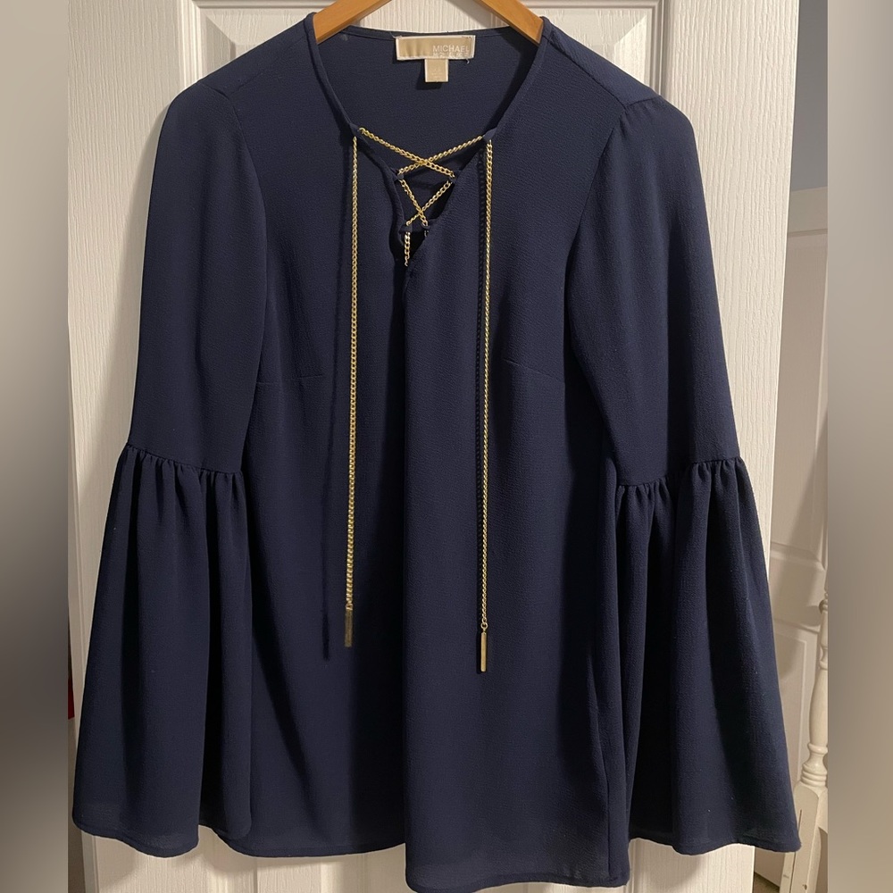 Michael Kors Flare Sleeve Navy Blue Blouse with Adjustable Gold Chains